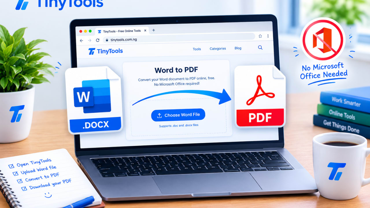 Word document icon converting into a PDF file inside a web browser on a laptop, converting Word to PDF without Microsoft Office.