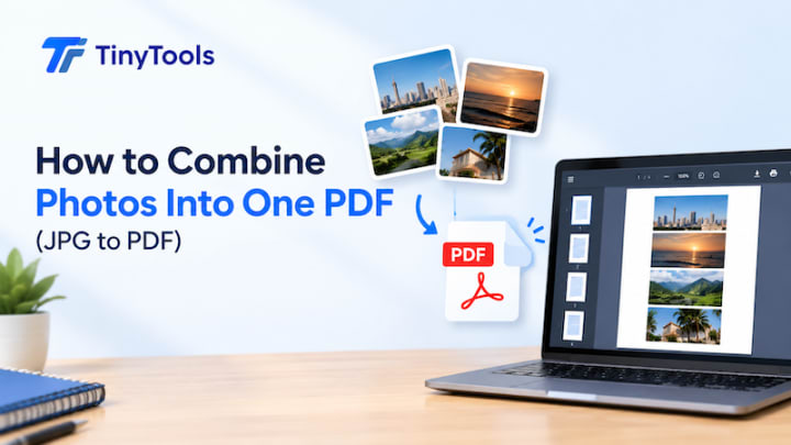TinyTools guide showing how to combine multiple JPG photos into a single PDF document, with photo thumbnails, a PDF file icon, and a laptop displaying the completed PDF.