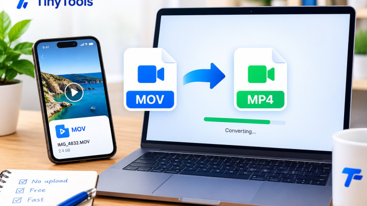 MOV video file from an iPhone turning into an MP4 file on a laptop screen, with an arrow between the two file icons.