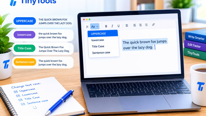 Text tool on a laptop showing one sentence in UPPERCASE, lowercase, Title Case and sentence case, stacked line by line.
