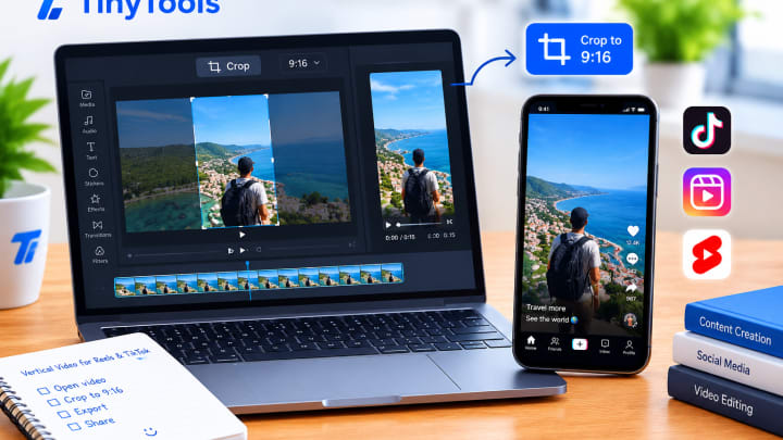 Horizontal video on a laptop with a vertical 9:16 crop frame, beside a smartphone playing the cropped video for Reels and TikTok.