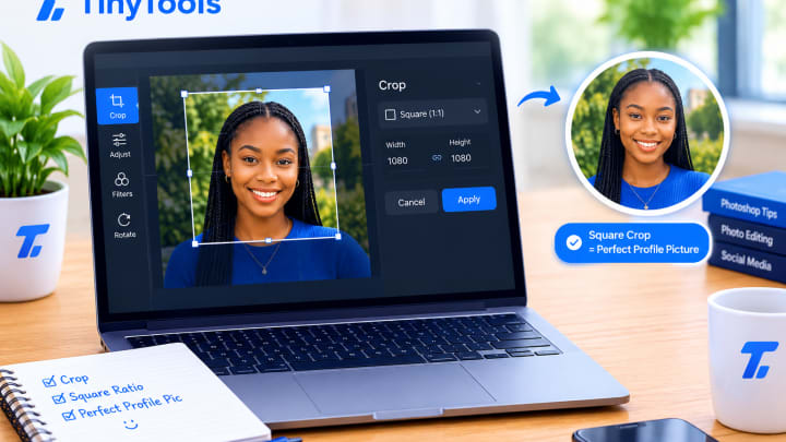 Portrait photo with a square crop frame over the face on a laptop screen, beside the finished round profile picture.