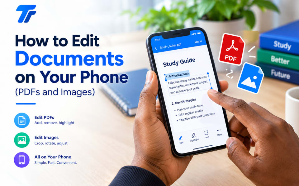 Hands holding a smartphone, editing a PDF document with a finger, with PDF and image file icons floating beside the screen.