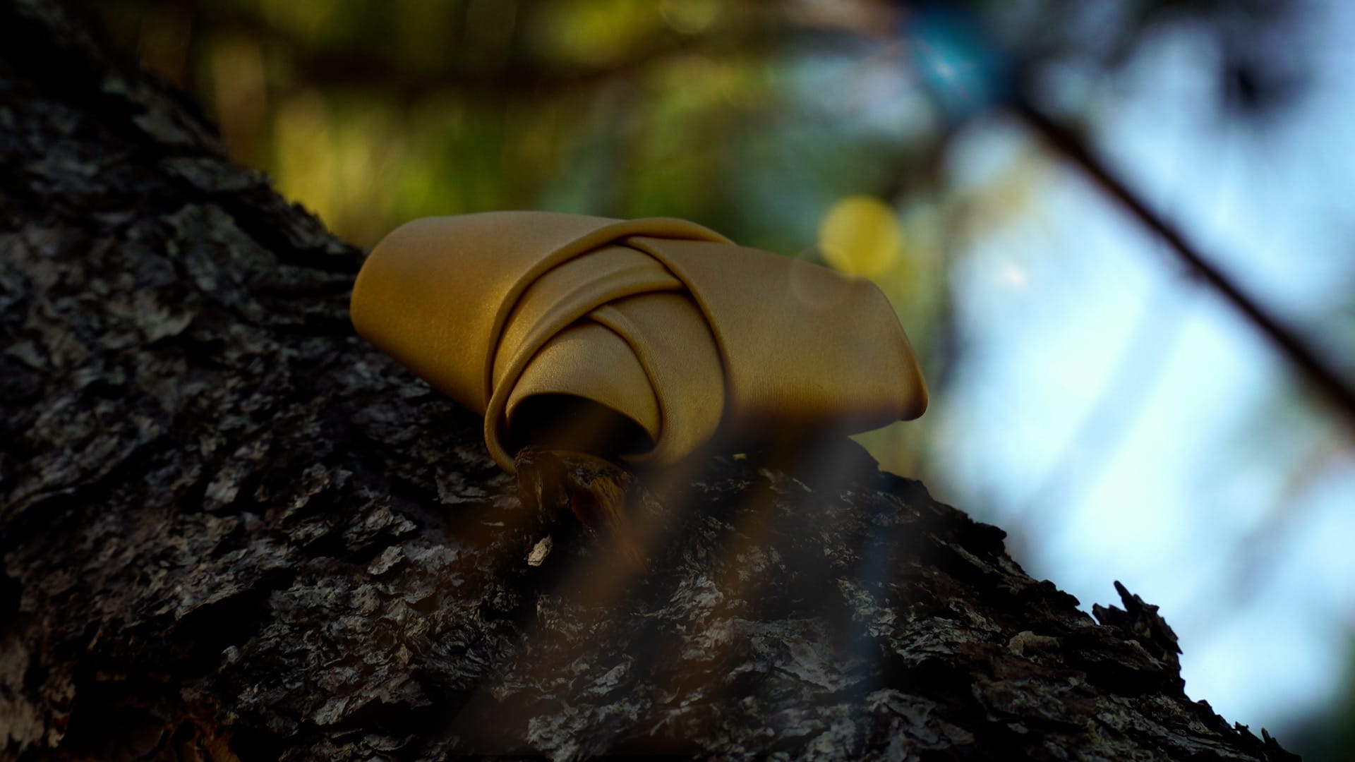 A gold GC Eldredge knot resting on a tree