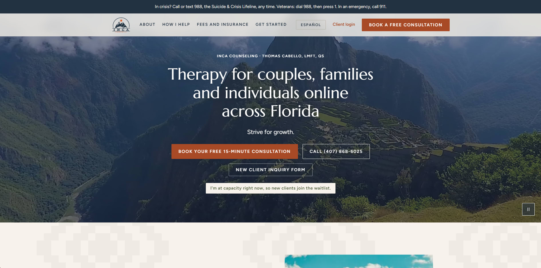 The rebuilt Inca Counseling site — the home page hero
