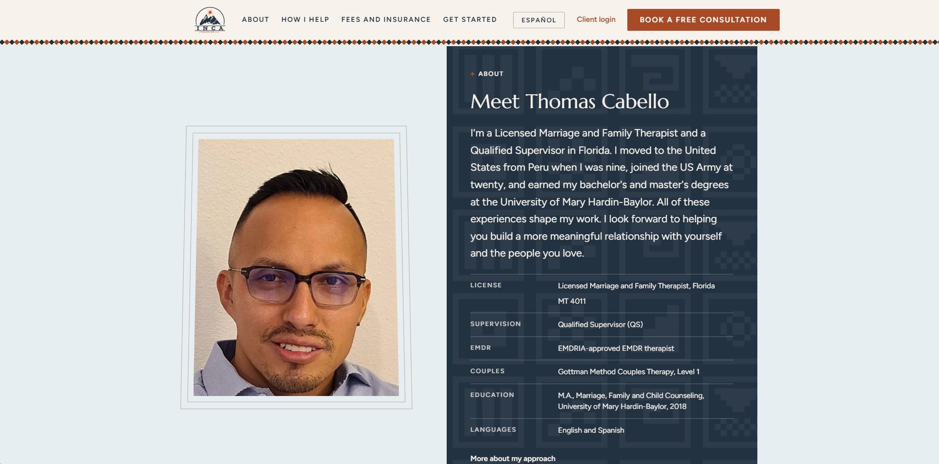 The rebuilt Inca Counseling site — the about page