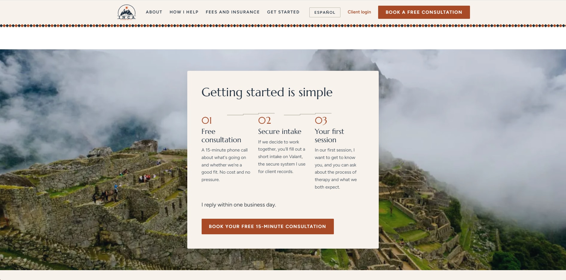 The rebuilt Inca Counseling site — the get started page
