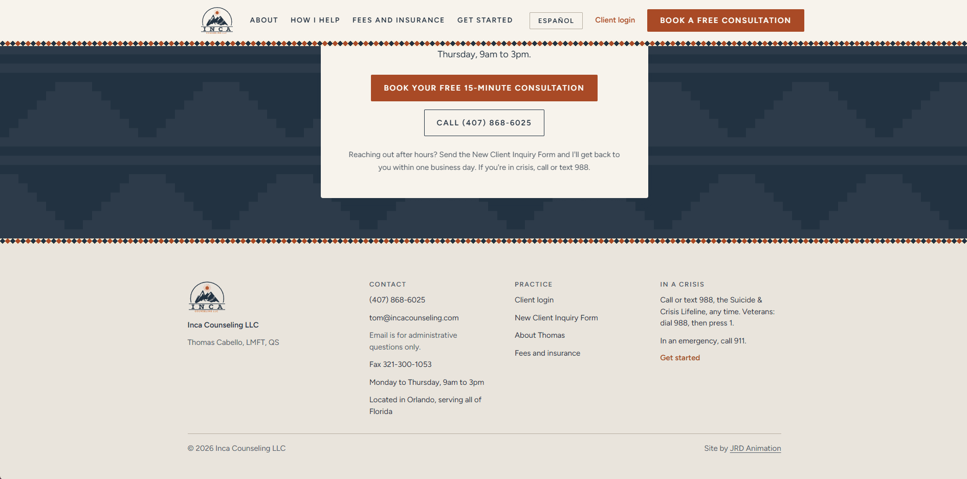 The rebuilt Inca Counseling site — the footer