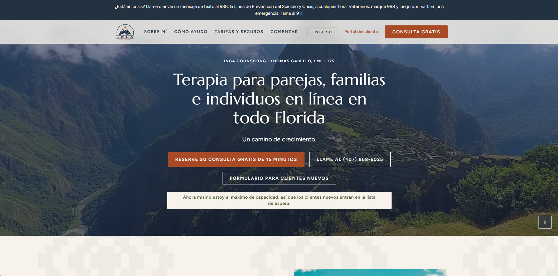 The rebuilt Inca Counseling site — the home page in spanish