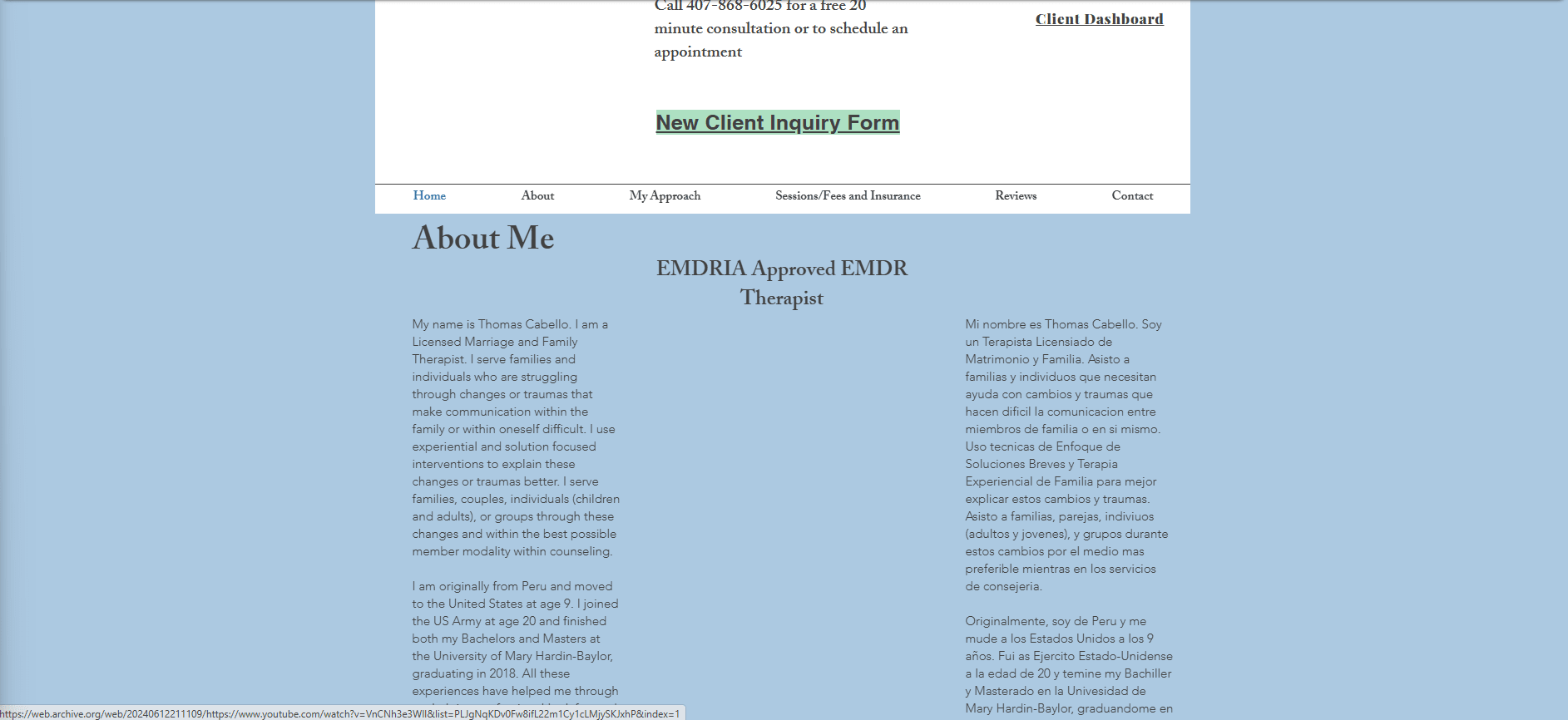 The Inca Counseling site as it was on Wix — the about page
