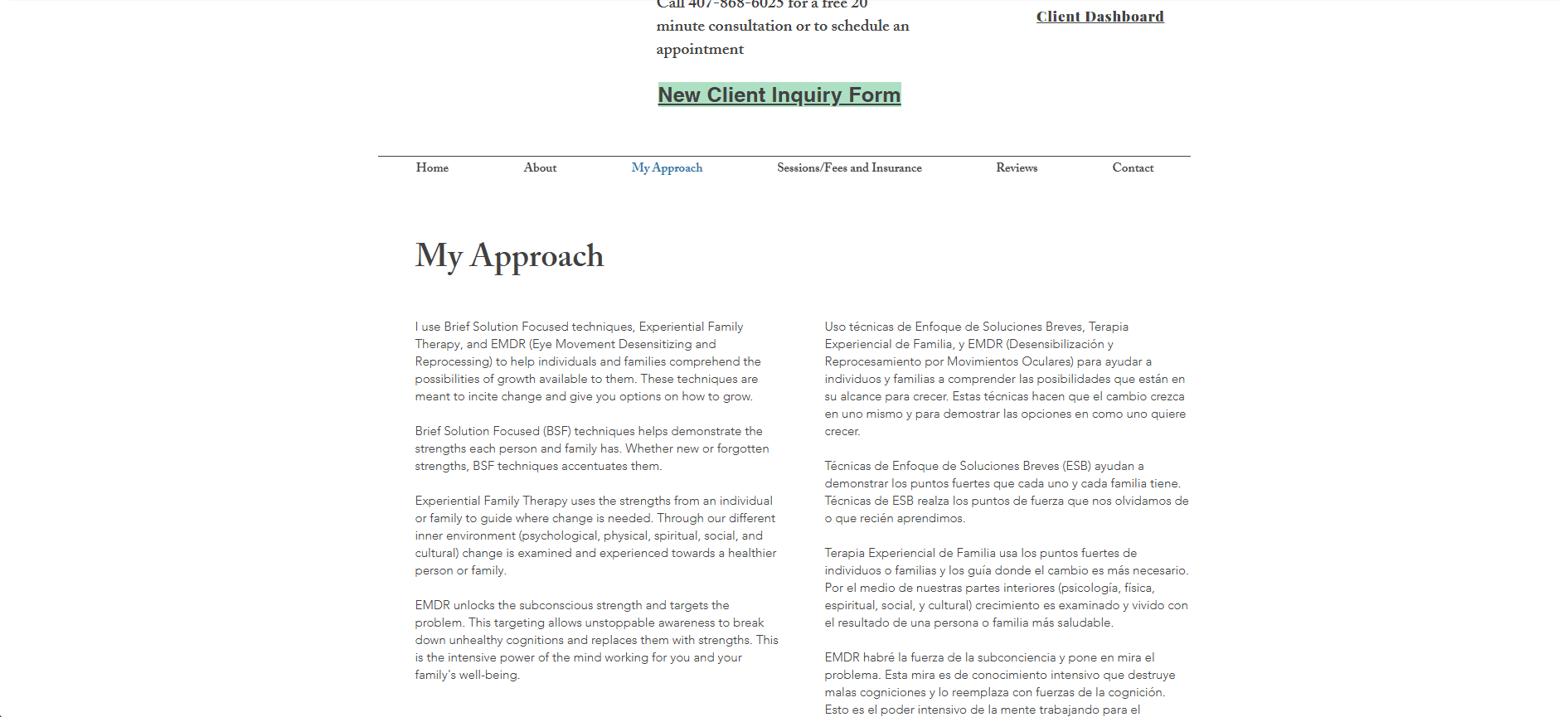 The Inca Counseling site as it was on Wix — the my approach page
