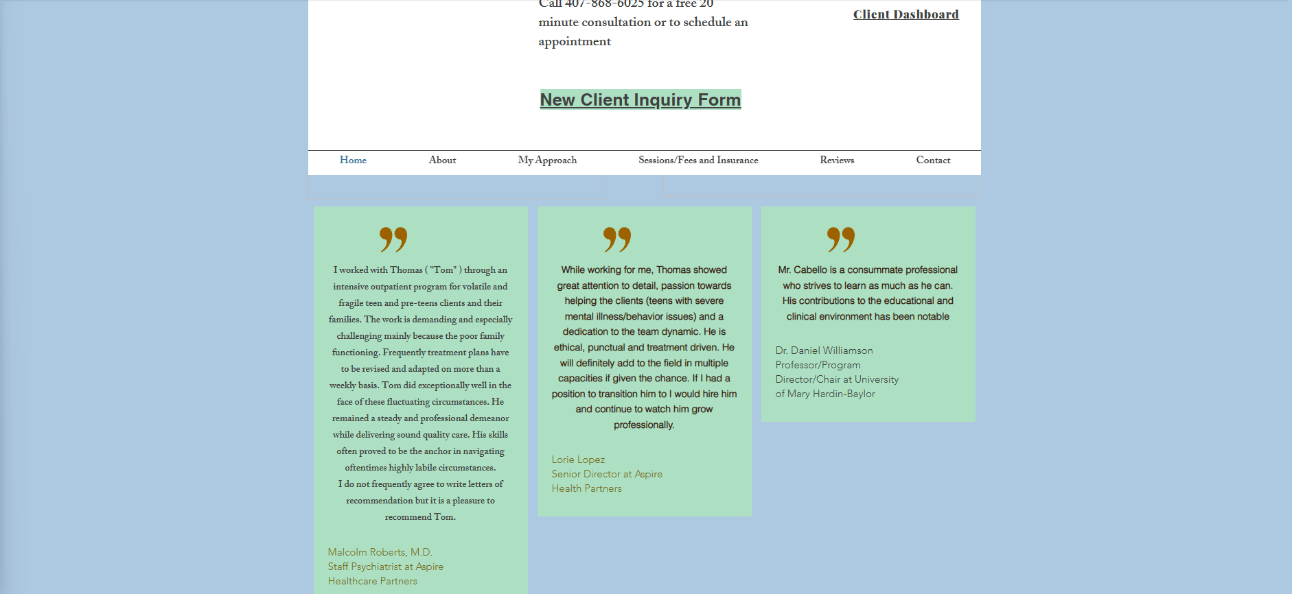 The Inca Counseling site as it was on Wix — the reviews page