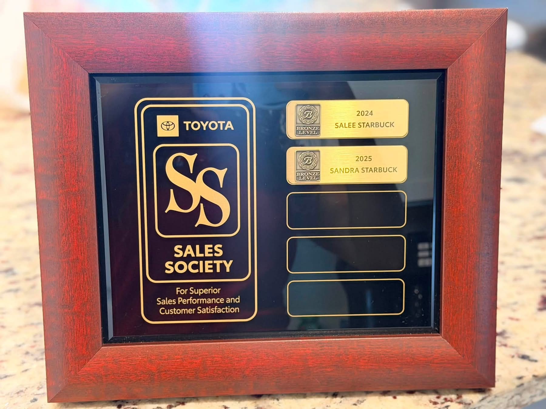 Toyota Sales Society plaque