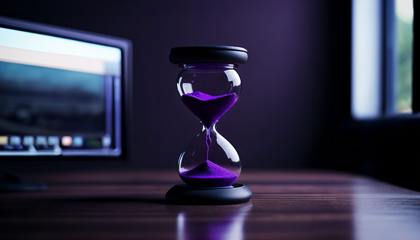 Hourglass timer with purple sand sitting on a desk in front of a computer