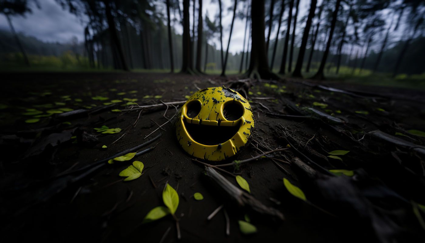 Abandoned Smilie face badge in the woods