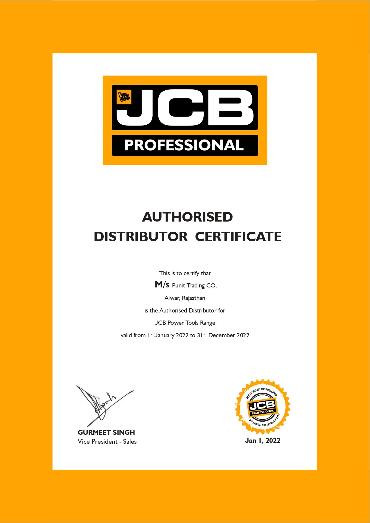 JCB PROFESSIONAL-Certificate