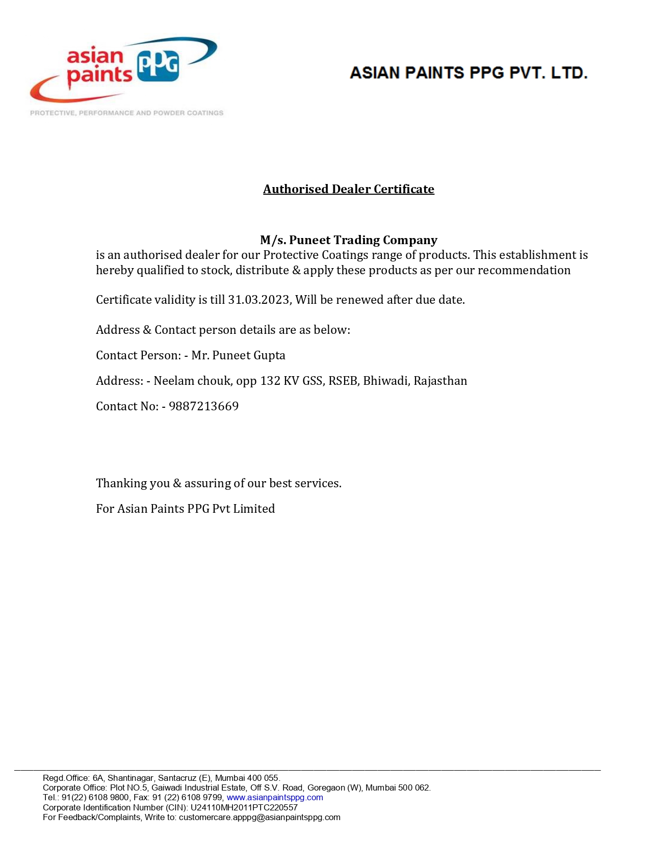 ASIAN PAINTS-Certificate