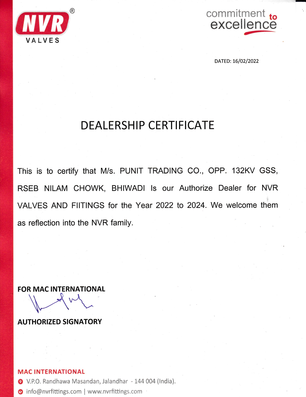 NVR VALVES-Certificate