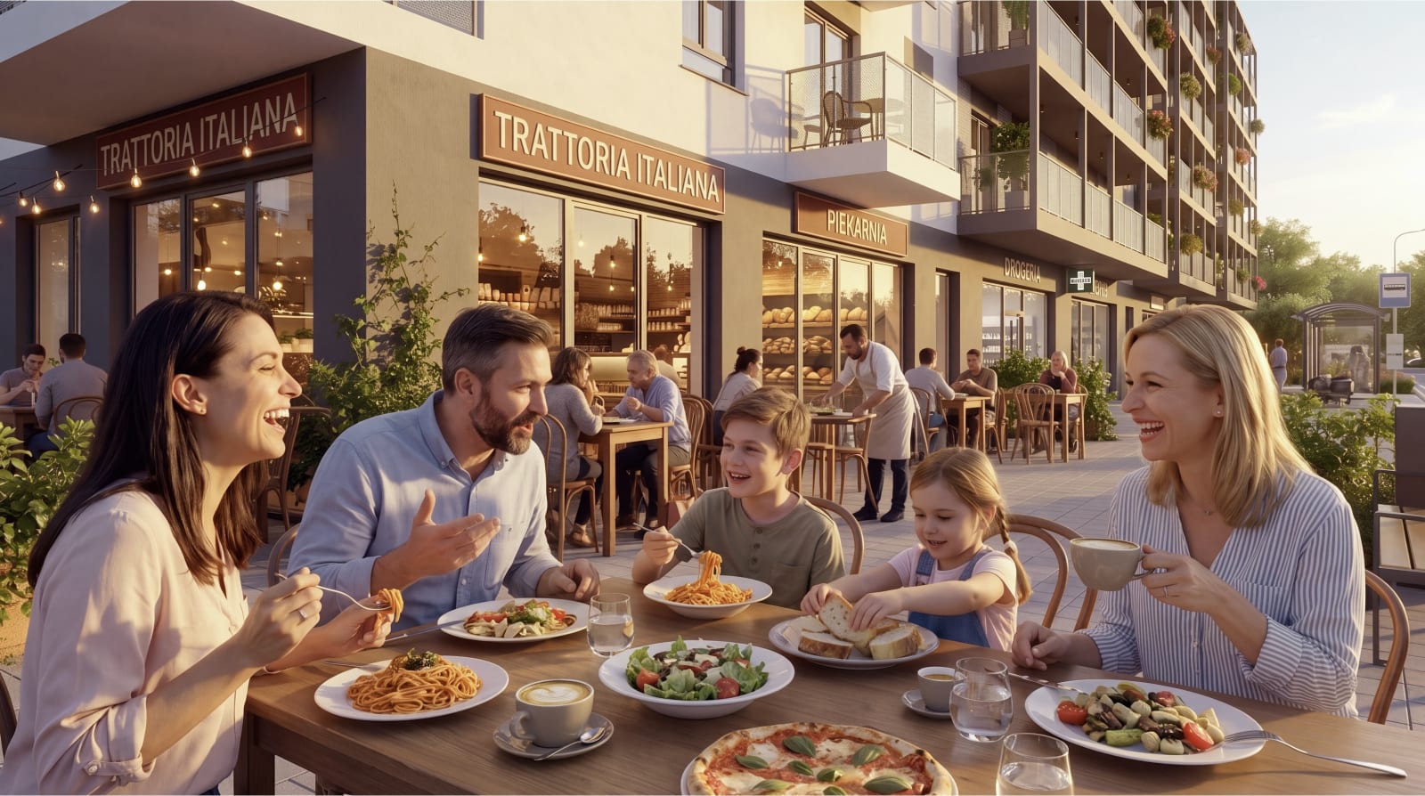 Ilustracja poglądowa: znajomi przy stoliku restauracji, zielone alejki spacerowe i rowerzystka w sąsiedztwie zabudowy mieszkaniowej
