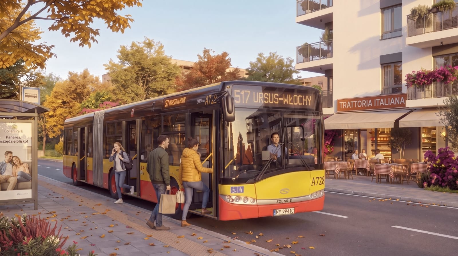 Ilustracja poglądowa: warszawski autobus w żółto-czerwonych barwach podjeżdża do przystanku obok budynków mieszkalnych