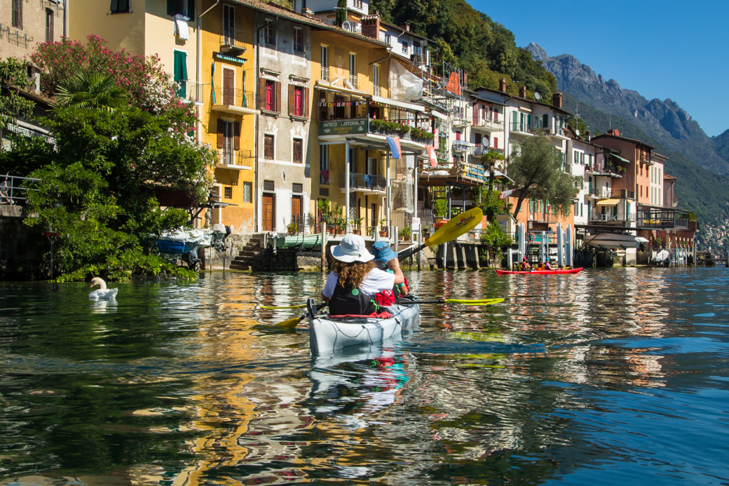 Kayakers and Swan, Village of Gandria, Lago Lugano 