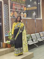 Mulmul Yellow Black saree 