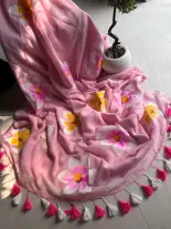 Mulmul handpainted Rose Saree 