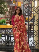 Red Linen Floral Saree 