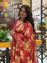 Red Linen Floral Saree 