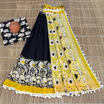 Mulmul Yellow Black saree 
