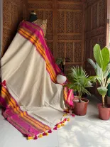 Golden Yellow Magenta Mulmul Saree 