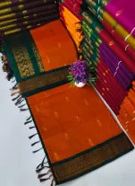 Orange Green Blended Cotton Saree 
