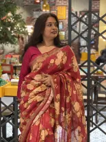 Red Linen Floral Saree 