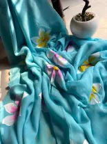 Mulmul handpainted light blue Saree