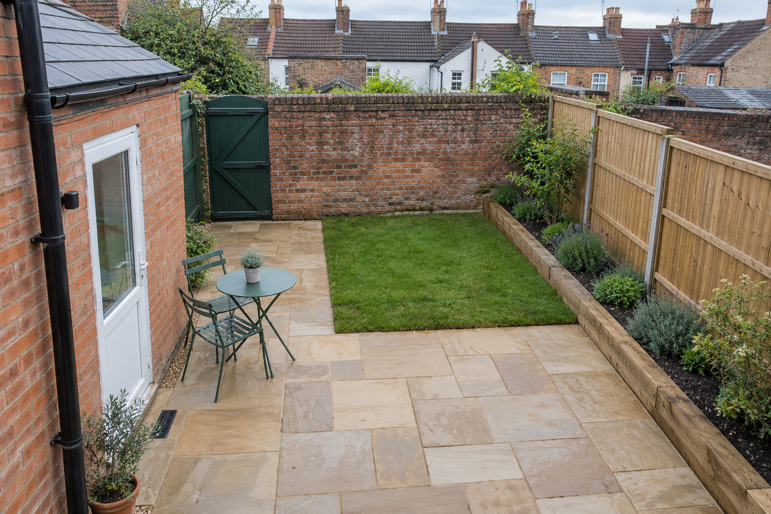 A transformed courtyard with warm sandstone and garden planting.