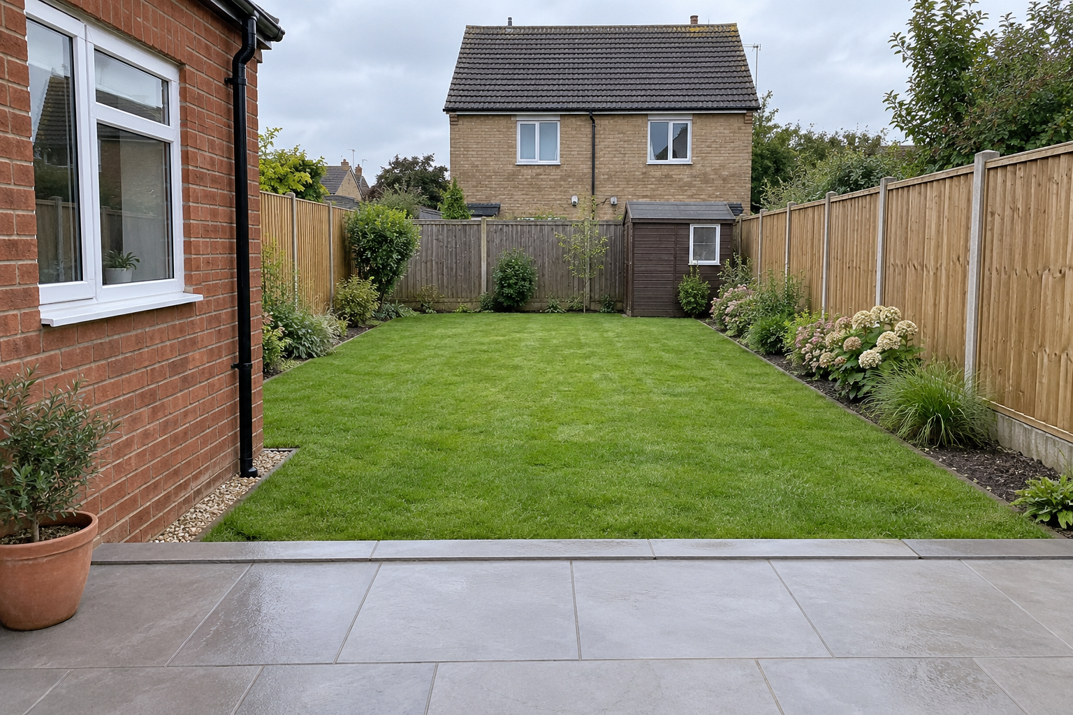 A finished Northampton garden with a sandstone patio and lavender border.