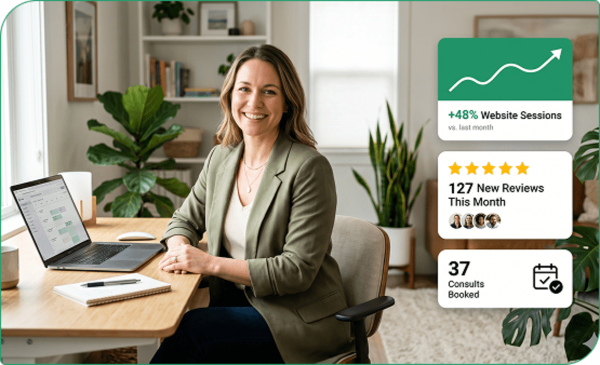 Therapist sitting at desk with analytics dashboard showing new patients and reviews