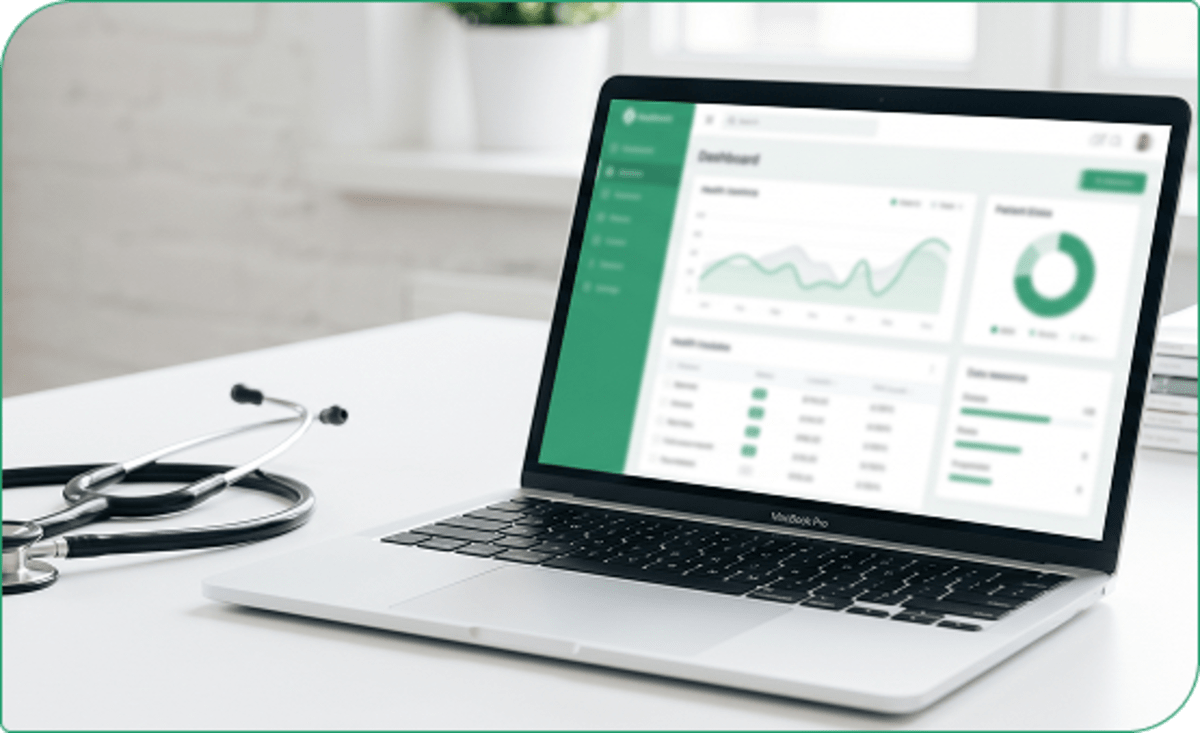Laptop showing a practice dashboard with booking stats and reviews