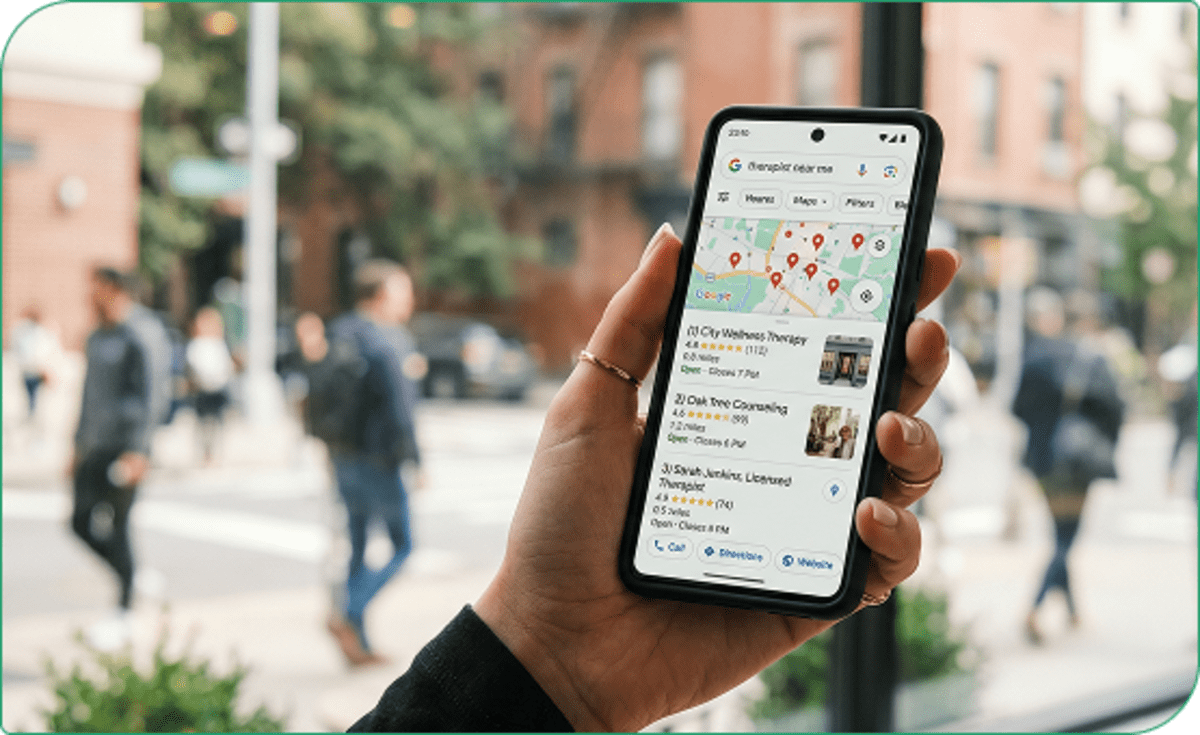 Person holding a phone showing Google Maps with therapist listings