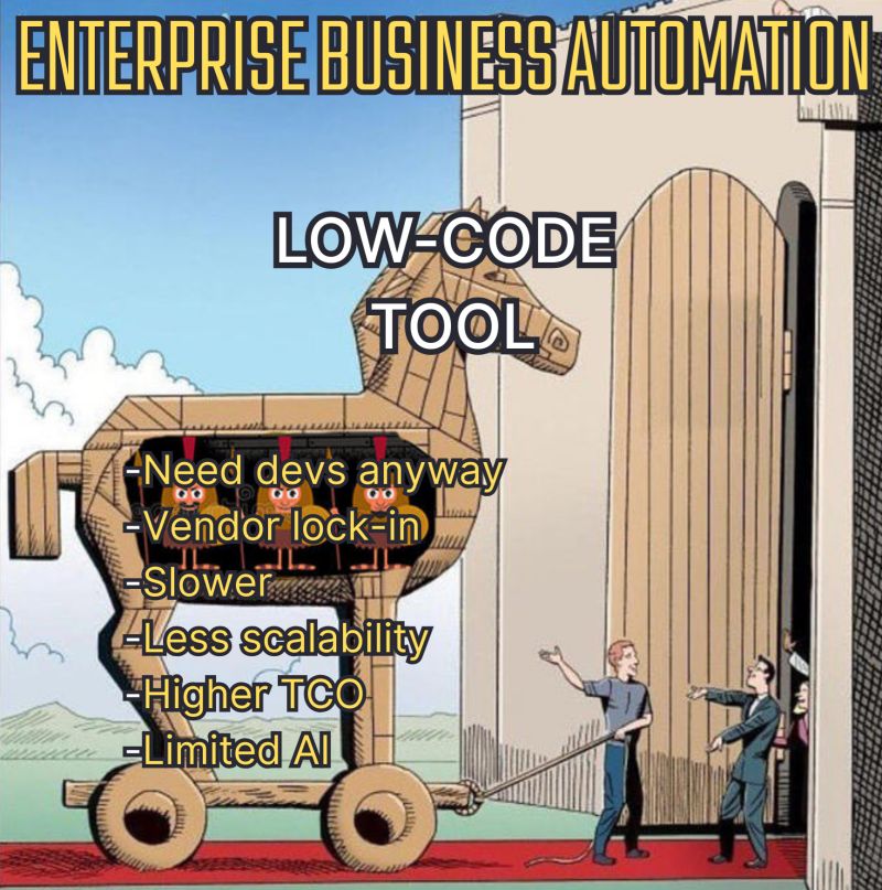 Meme sobre low-code versus desarrollo tradicional