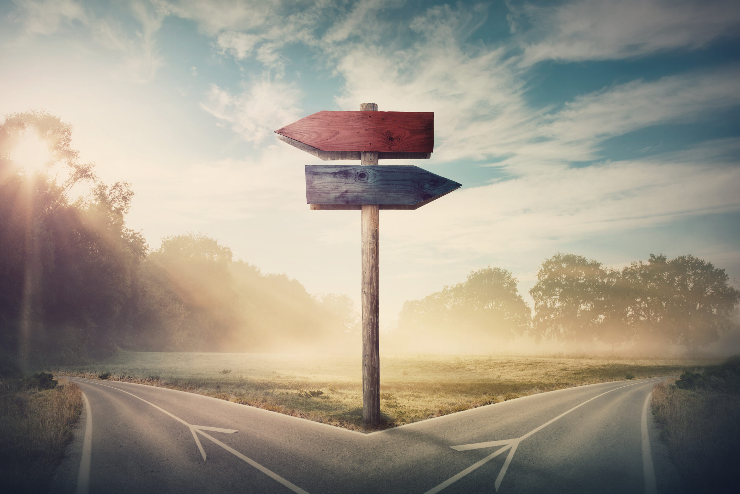 Camino dividido como simbolo de elegir entre extremos y equilibrio