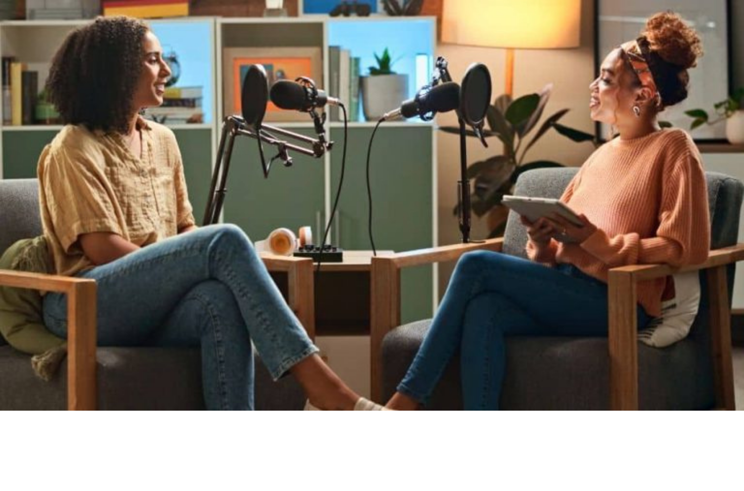 Two women recording a podcast interview