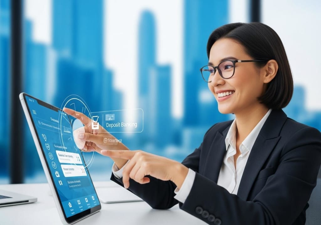 persona felice banca digitale citta moderno