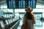 donna in aeroporto guarda tabellone partenze