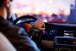 uomo guida auto al tramonto