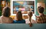 Famiglia guarda tv sul divano