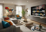 soggiorno moderno con tv e dispositivi tecnologici