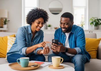 coppia moderno soggiorno uso smartphone