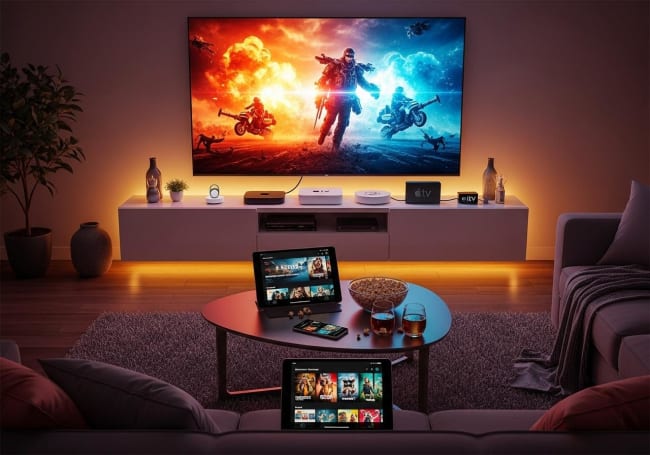 salotto moderno con dispositivi streaming