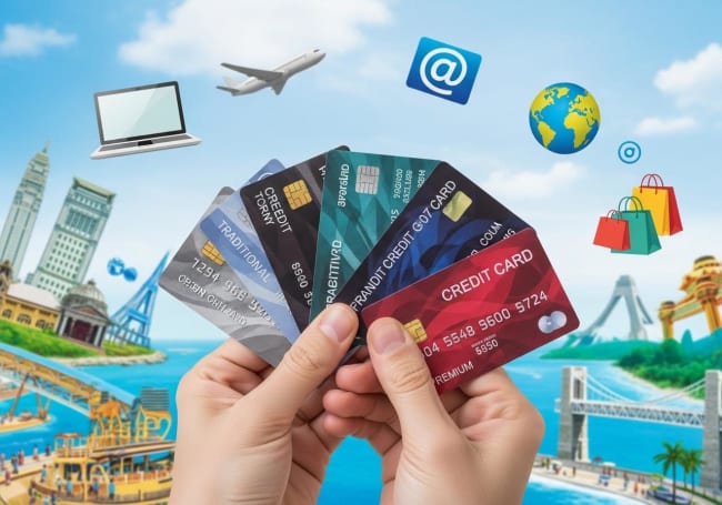 persona con carte di credito e sfondo viaggi